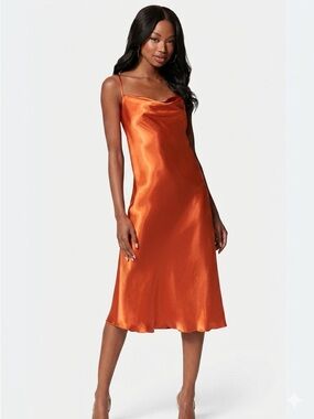 Bebe Y2K Satin Cowl Neck Midi Dress Large Copper Rust Orange Silk Feel Formal